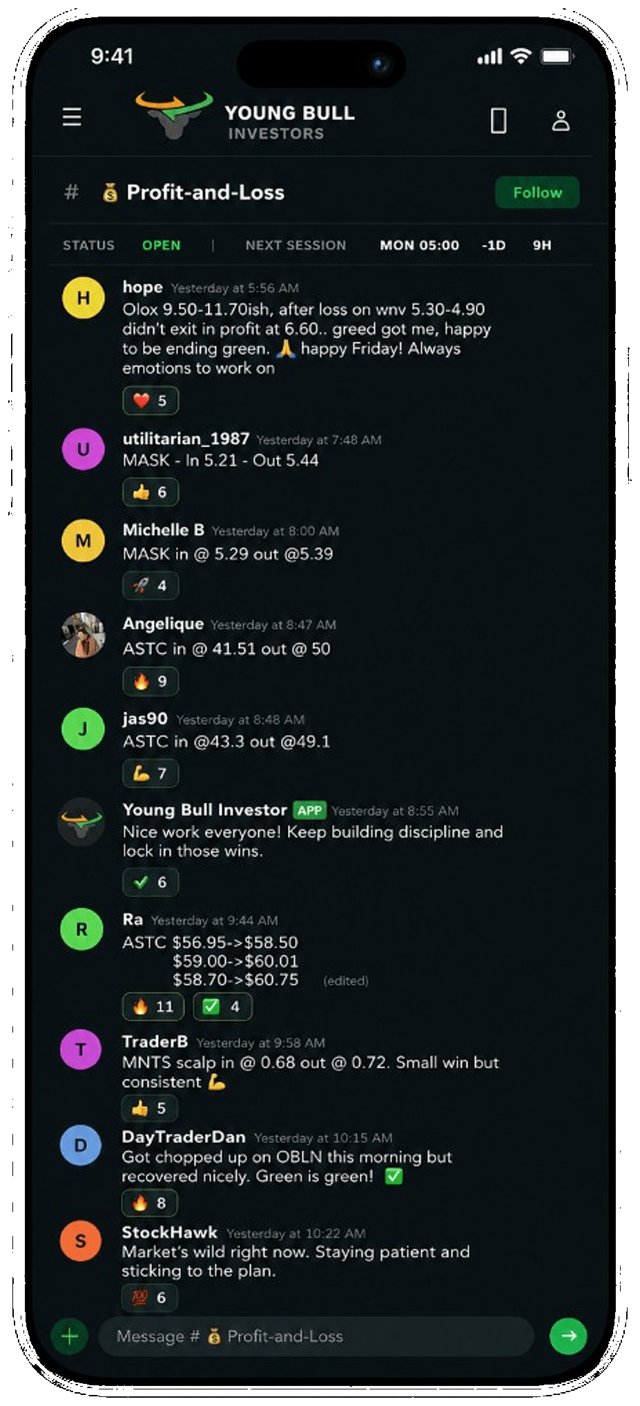 Member Profit-and-Loss channel with traders sharing entries, exits, and wins